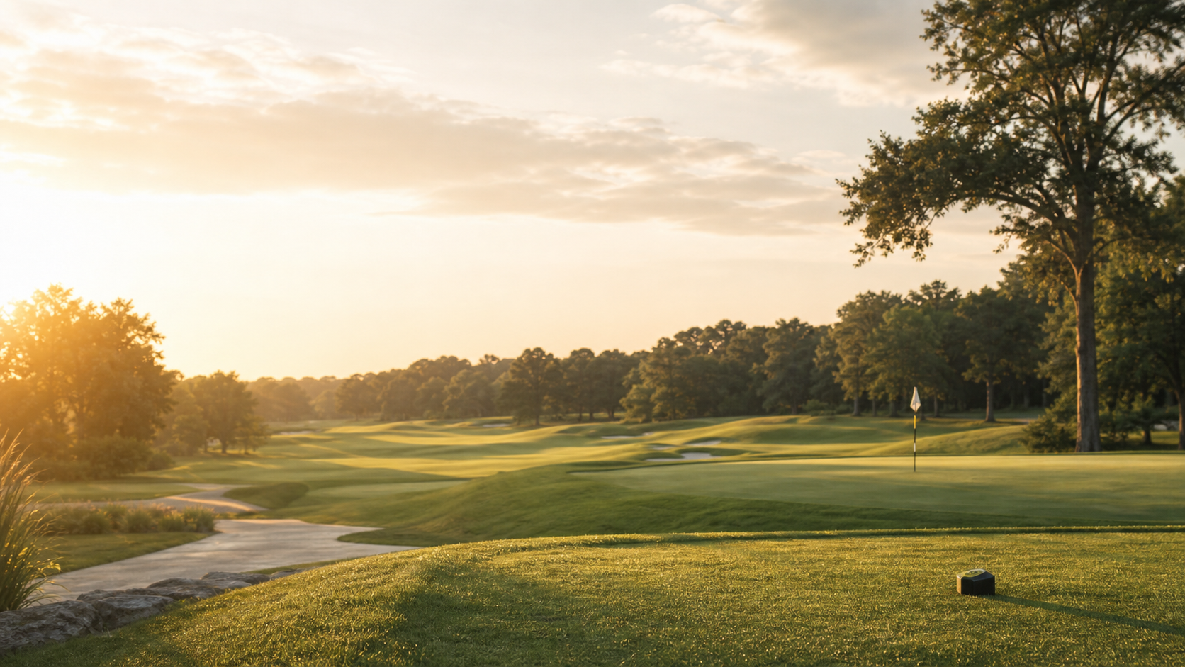 Early morning golf course with a clear fairway and flag